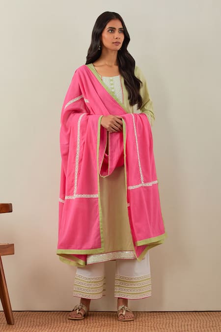 Buy_The Indian Cause_Peach Cotton Embroidery Round Neck Rozana Kurta And Palazzo Set_Online_at_Aza_Fashions