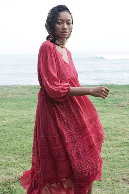 Shop_Baju_Red 40% , 60% , Chanderi Lace Work V Neck Soy Midi Dress_Online_at_Aza_Fashions