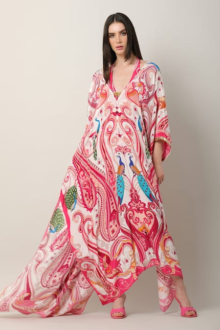 Limerick By Abirr N' Nanki Multi Color Crepe Plunge Neck Danya Paisley And Peacock Print Kaftan at Aza Fashions Limerick By Abirr N' Nanki_Multi Color Crepe Plunge Neck Danya Paisley And Peacock Print Kaftan _at_Aza_Fashions