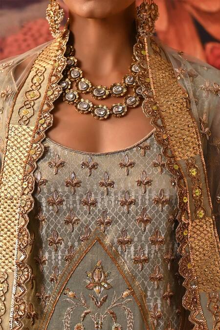 Shop Moledro Green Brocade, Net Foil Printing, Embroidery Scoop Neck Hania Nakshi Kurta Set Online at Aza Fashions Shop_Moledro_Green Brocade, Net Foil Printing, Embroidery Scoop Neck Hania Nakshi Kurta Set _Online_at_Aza_Fashions