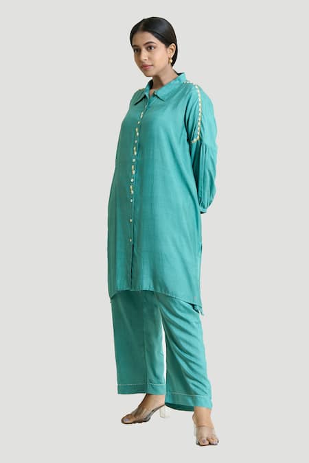 Brij_Blue Silk Pearls Shawl Neck Work Box Fit Tunic And Pant Set _Online_at_Aza_Fashions