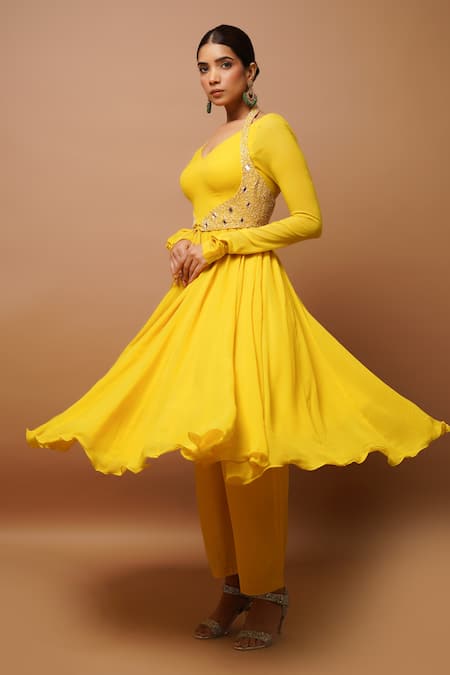 Ahi Clothing Yellow Georgette, Linen Embroidery, Gota Patti, Gathered Sleeve Anarkali Set at Aza Fashions Ahi Clothing_Yellow Georgette, Linen Embroidery, Gota Patti, Gathered Sleeve Anarkali Set _at_Aza_Fashions