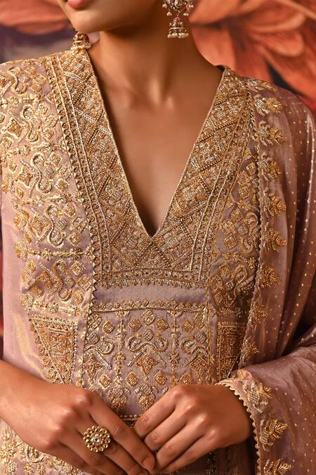 Moledro_Purple Brocade, Tissue, Silk Sequins, Vintage Embroidered Kurta Sharara Set _at_Aza_Fashions