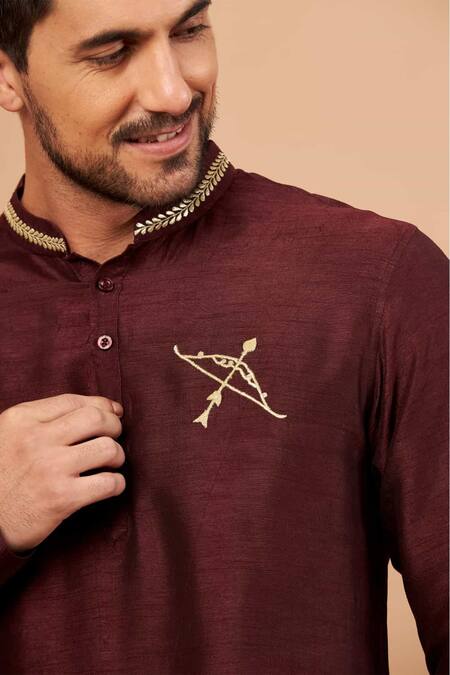 Hilo Design_Maroon Cotton, Silk, Lycra Embroidery Adira Placement Kurta Set _at_Aza_Fashions