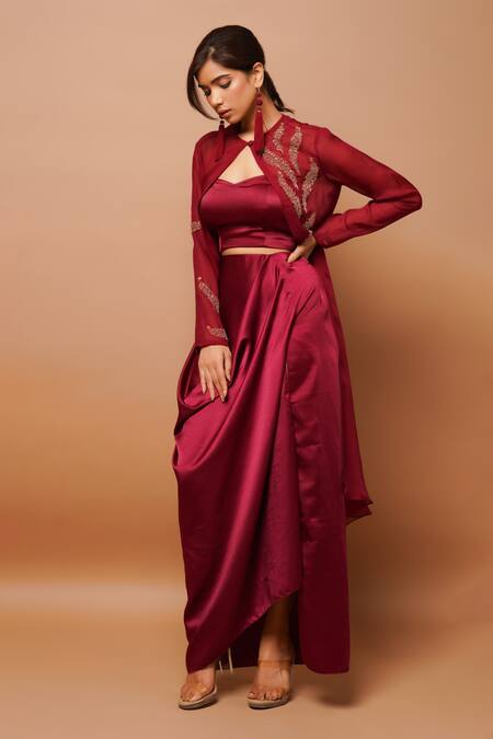 Ahi Clothing Wine Satin Zari Sweetheart , Round Embroidered Jacket Skirt Set at Aza Fashions Ahi Clothing_Wine Satin Zari Sweetheart , Round Embroidered Jacket Skirt Set _at_Aza_Fashions