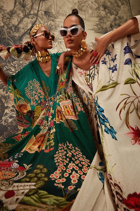 Buy_Kalista_Ivory Crepe Beads V-neck Lauren Botanical Pattern Kaftan 