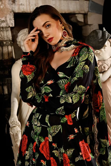 Sanam_Black Silk Sequins Asymmetric Fleur Rose Pattern Anarkali With Dupatta _at_Aza_Fashions