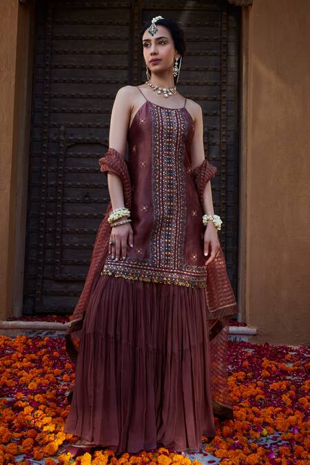 Kritika Dawar_Brown Silk, Chiffon, Tissue Embroidery, Mirrors Thread And Kurta Sharara Set _Online_at_Aza_Fashions