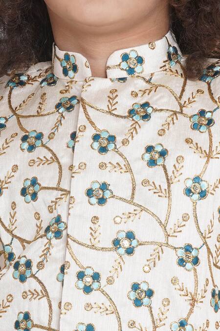 Shop Little Bansi Cream Silk, Cotton Embroidery Floral Bundi And Kurta Set Online at Aza Fashions Shop_Little Bansi_Cream Silk, Cotton Embroidery Floral Bundi And Kurta Set _Online_at_Aza_Fashions