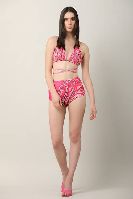 Shop_Limerick By Abirr N' Nanki_Multi Color Polyester, Spandex Plunge Neck Carin Halter Bikini Set _Online_at_Aza_Fashions