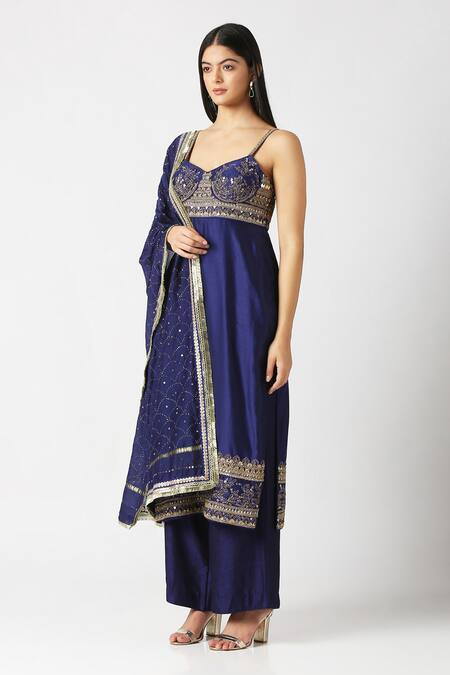 Labbada Blue Kurta Pure Silk Hand Embroidered Marodi Sweetheart Neck Palazzo Set at Aza Fashions Labbada_Blue Kurta Pure Silk Hand Embroidered Marodi Sweetheart Neck Palazzo Set_at_Aza_Fashions