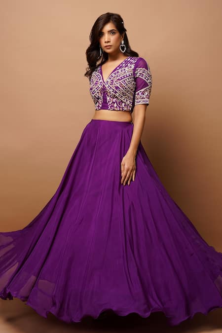 Ahi Clothing_Purple Organza, Cotton Beads, Cut Embroidered Blouse And Circular Lehenga Set _at_Aza_Fashions