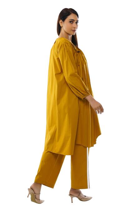 Buy_Khat_Yellow Poplin V-neck Pleated Cotton Dress Pant Co-ord Set _Online_at_Aza_Fashions