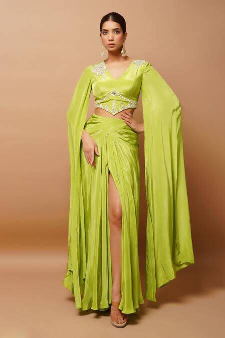 Ahi Clothing_Green Crepe Mirrors, Beads V-neck Embroidered Bustier And Draped Skirt Set _at_Aza_Fashions