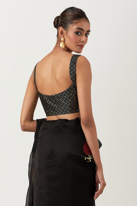 Buy Label Earthen Black Silk, Organza Embroidery Sweetheart Neck Jugnu Patchwork Saree With Blouse Buy_Label Earthen_Black Silk, Organza Embroidery Sweetheart Neck Jugnu Patchwork Saree With Blouse