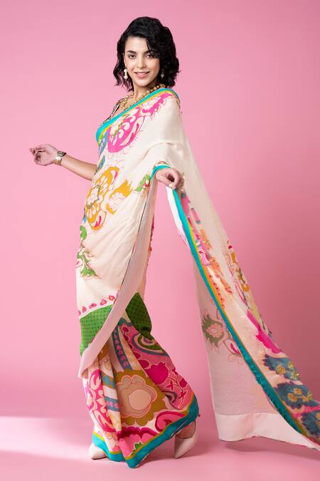 Siddhartha Bansal_Multi Color Pure Crepe Embroidered Crystal Printed Saree With Blouse  _at_Aza_Fashions