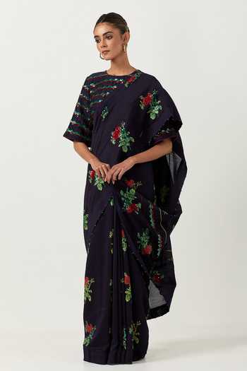 Label Earthen Blue Chanderi Silk Embroidery Round Neck Phool Pathi Saree With Blouse at Aza Fashions Label Earthen_Blue Chanderi Silk Embroidery Round Neck Phool Pathi Saree With Blouse _at_Aza_Fashions