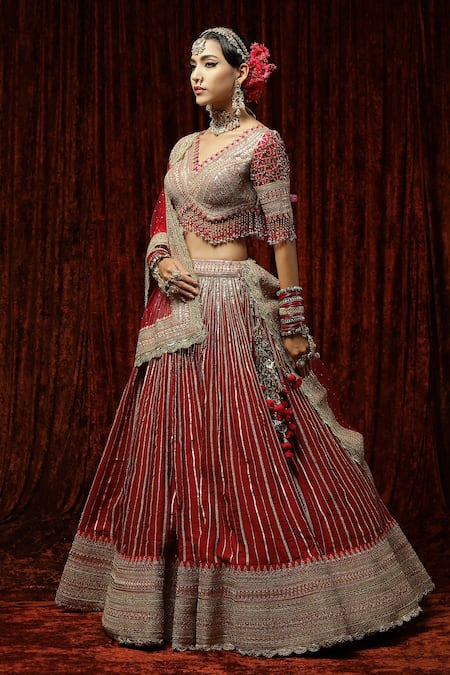 Shikhar Sharma_Red Silk, Net, Chanderi Beads, Tassels, Ruh Gulab Gota Bridal Lehenga Set _at_Aza_Fashions