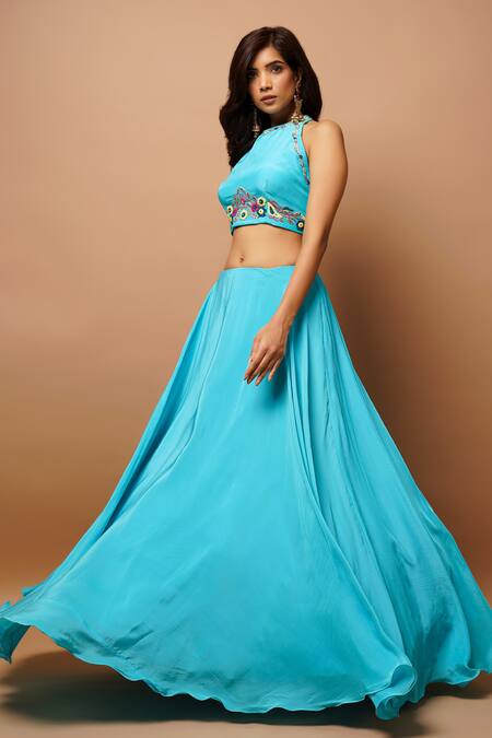 Ahi Clothing Blue Crepe, Linen, Chiffon Cut Work, Zari, Hand Kimono Shrug And Lehenga Set at Aza Fashions Ahi Clothing_Blue Crepe, Linen, Chiffon Cut Work, Zari, Hand Kimono Shrug And Lehenga Set _at_Aza_Fashions