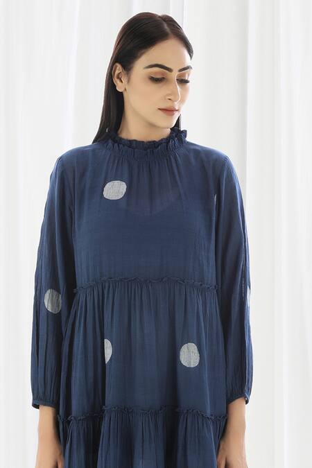 Khat_Blue Handloom , Handwoven Polka Pattern Tiered Kurta And Pant Set _at_Aza_Fashions