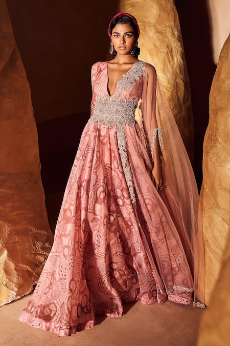 Buy Bhumika Sharma Pink Organza Embroidery V-neck Bahaar Print Anarkali Buy_Bhumika Sharma_Pink Organza Embroidery V-neck Bahaar Print Anarkali