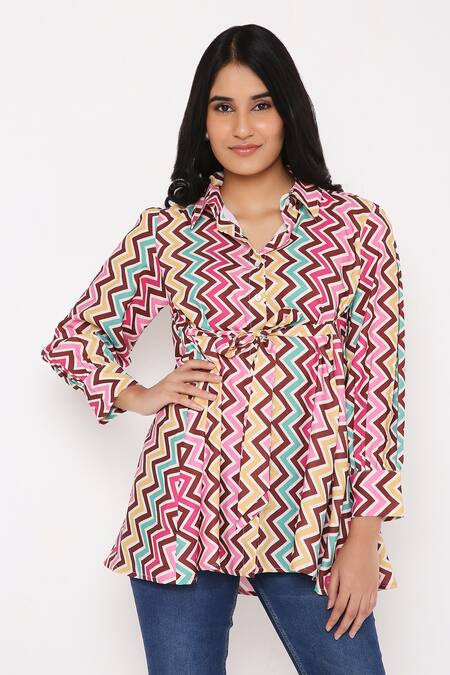 Bha Sha_Multi Color Modal, Satin Collared Galaxy Chevron Print Tunic _Online_at_Aza_Fashions