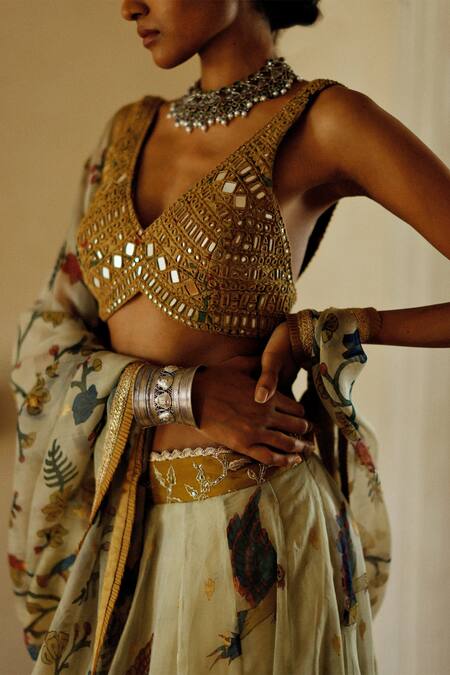 Shop_Archana Jaju_Green , Chanderi , Forest Kalamkari Bridal Lehenga Set