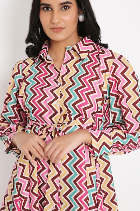Buy_Bha Sha_Multi Color Modal, Satin Collared Galaxy Chevron Print Tunic _Online_at_Aza_Fashions