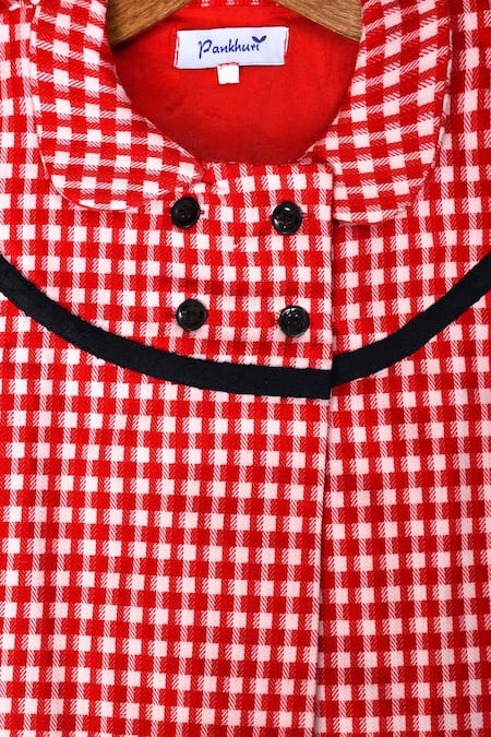 Pankhuri By Priyanka_Red Flannel Checkered Pattern Blazer With Hat _Online_at_Aza_Fashions