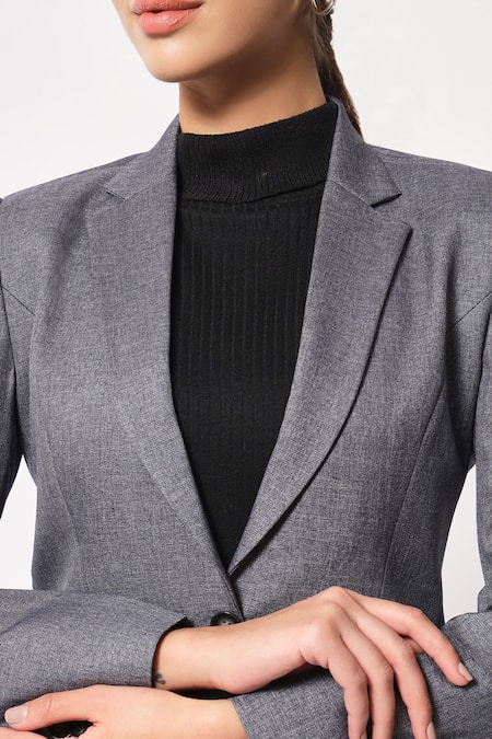 Soniya G_Grey Satin Button Down Blazer And Pant Set _Online_at_Aza_Fashions