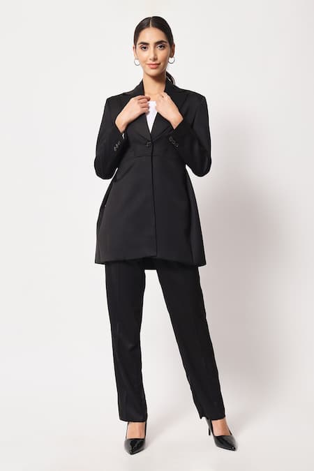 Buy_Soniya G_Black Satin Collared Peak Lapel Coat And Pant Set _Online_at_Aza_Fashions