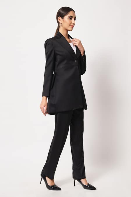 Shop_Soniya G_Black Satin Collared Peak Lapel Coat And Pant Set _Online_at_Aza_Fashions