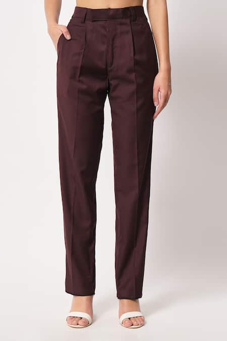 Soniya G_Wine Satin, Polyester Collared Full Sleeve Long Coat And Pant Set _Online_at_Aza_Fashions