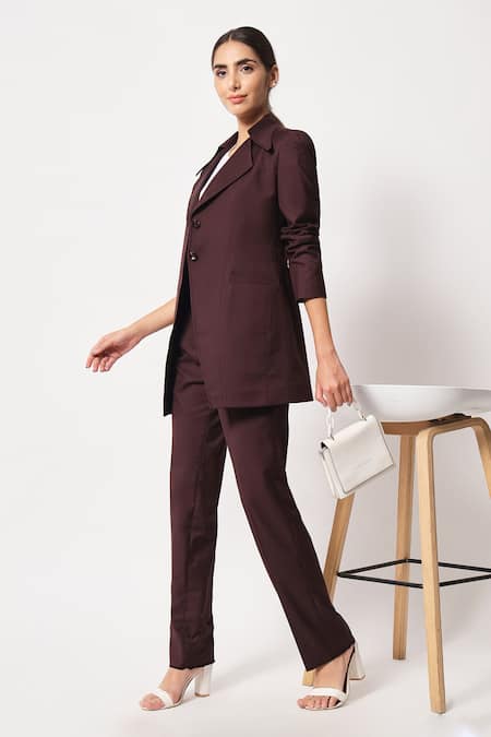 Soniya G_Wine Satin, Polyester Collared Full Sleeve Long Coat And Pant Set _at_Aza_Fashions