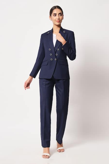 Soniya G Blue Satin Collared Double Breasted Coat And Pant Set Online at Aza Fashions Soniya G_Blue Satin Collared Double Breasted Coat And Pant Set _Online_at_Aza_Fashions