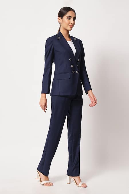 Buy Soniya G Blue Satin Collared Double Breasted Coat And Pant Set Online at Aza Fashions Buy_Soniya G_Blue Satin Collared Double Breasted Coat And Pant Set _Online_at_Aza_Fashions