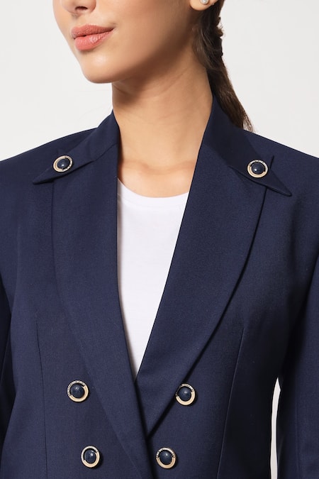 Shop Soniya G Blue Satin Collared Double Breasted Coat And Pant Set Online at Aza Fashions Shop_Soniya G_Blue Satin Collared Double Breasted Coat And Pant Set _Online_at_Aza_Fashions