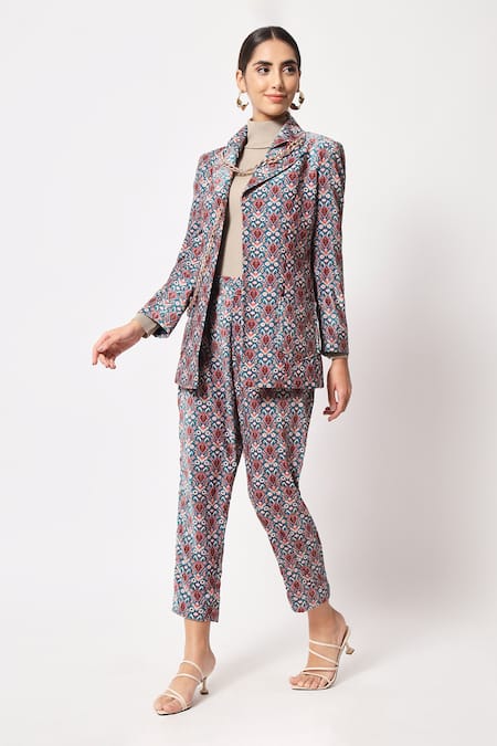 Shop_Soniya G_Brown Velvet Printed Geometric Notch Lapel Collar Blazer And Pant Set _Online_at_Aza_Fashions