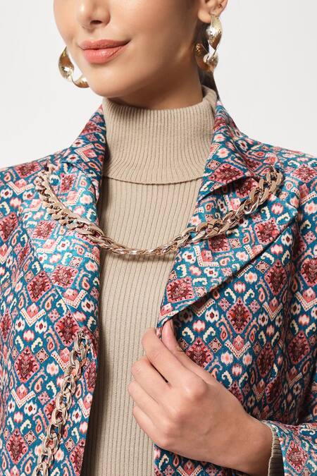 Soniya G_Brown Velvet Printed Geometric Notch Lapel Collar Blazer And Pant Set _at_Aza_Fashions