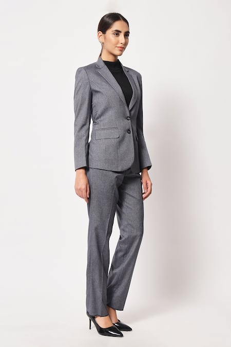 Soniya G_Grey Satin Button Down Blazer And Pant Set _at_Aza_Fashions