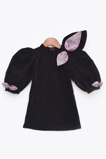 Fayon Kids_Brown Velvet Balloon Sleeve Dress _Online_at_Aza_Fashions