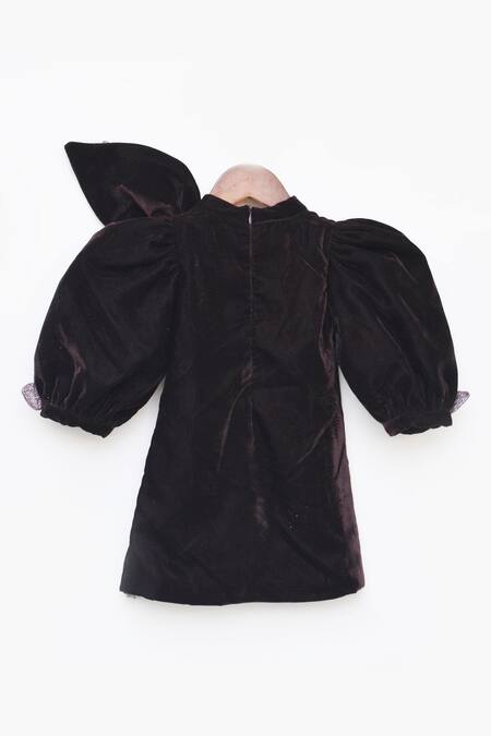 Buy_Fayon Kids_Brown Velvet Balloon Sleeve Dress _Online_at_Aza_Fashions