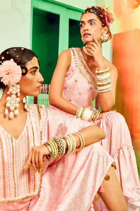 Mona And Vishu Pink Modal Satin Cut Dana, Stripe Print, Zardozi And Kurta Tiered Sharara Set Online at Aza Fashions Mona And Vishu_Pink Modal Satin Cut Dana, Stripe Print, Zardozi And Kurta Tiered Sharara Set _Online_at_Aza_Fashions