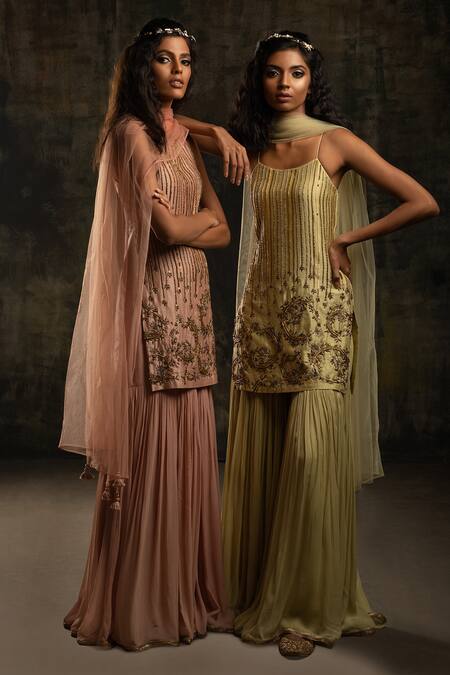 Buy Mona And Vishu Pink Silk, Georgette, Tulle Zari, Embroidery, Beads Zardozi Kurta Sharara Set Online at Aza Fashions Buy_Mona And Vishu_Pink Silk, Georgette, Tulle Zari, Embroidery, Beads Zardozi Kurta Sharara Set _Online_at_Aza_Fashions