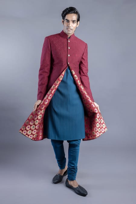 Abhishek Gupta_Maroon Cotton Silk Lining Brocade Embroidered Sherwani And Kurta Set  _Online_at_Aza_Fashions