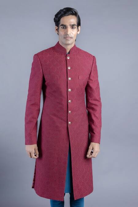 Buy_Abhishek Gupta_Maroon Cotton Silk Lining Brocade Embroidered Sherwani And Kurta Set  _Online_at_Aza_Fashions