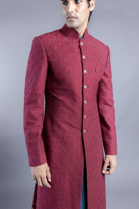Shop_Abhishek Gupta_Maroon Cotton Silk Lining Brocade Embroidered Sherwani And Kurta Set  _Online_at_Aza_Fashions