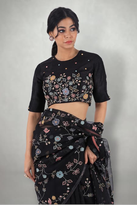 I Am Design_Black Raw , Organza Aari Crew Neck Floral Embroidered Saree With Blouse _at_Aza_Fashions