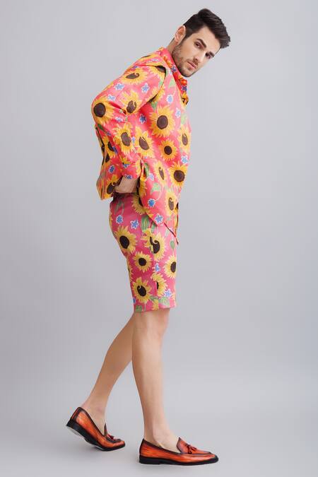 Nautanky_Peach Shirt 100% Fine Cotton, Shorts Neoprene, Waistcoat 100% Print And Set _Online_at_Aza_Fashions