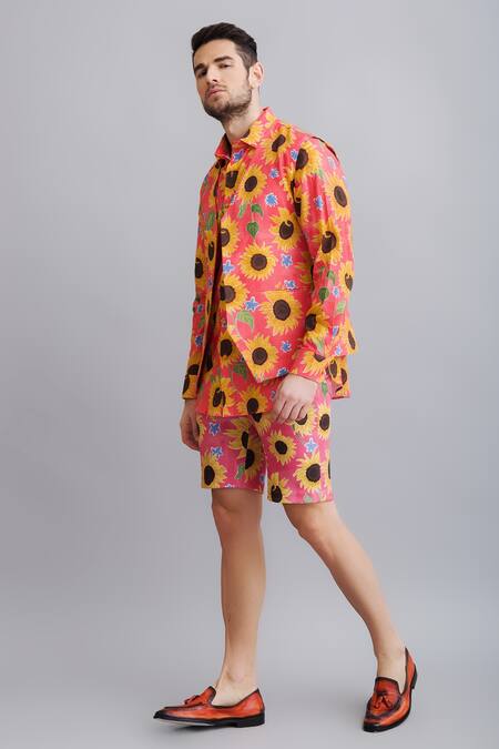 Shop_Nautanky_Peach Shirt 100% Fine Cotton, Shorts Neoprene, Waistcoat 100% Print And Set _Online_at_Aza_Fashions